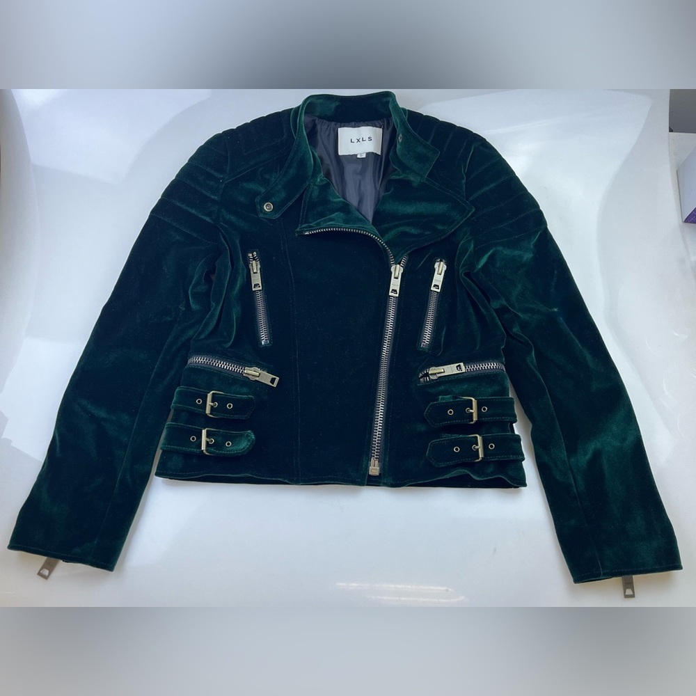 LXLS Dark Green Velvet Moto Jacket N272-28 - Picture 2 of 8